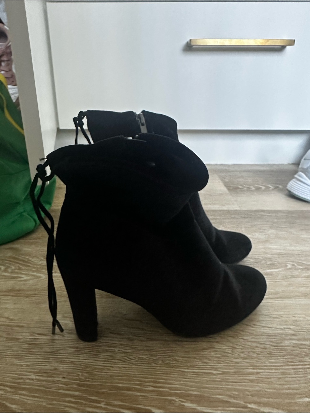 Classic Black Suede Heeled Ankle Boots with Rear Tie